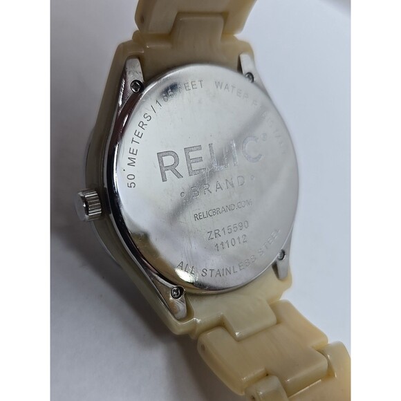 Relic by Fossil Womens Beige Resin Crystal Day Date Quartz Watch New Battery